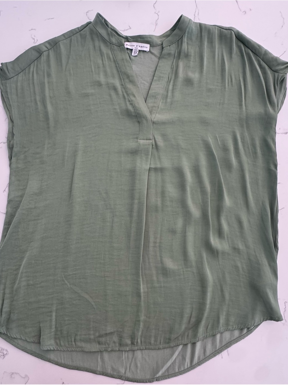 Maison d’Amelie Paris Womens M Olive Green Satin V Neck Dolman Sleeve Blouse Top
